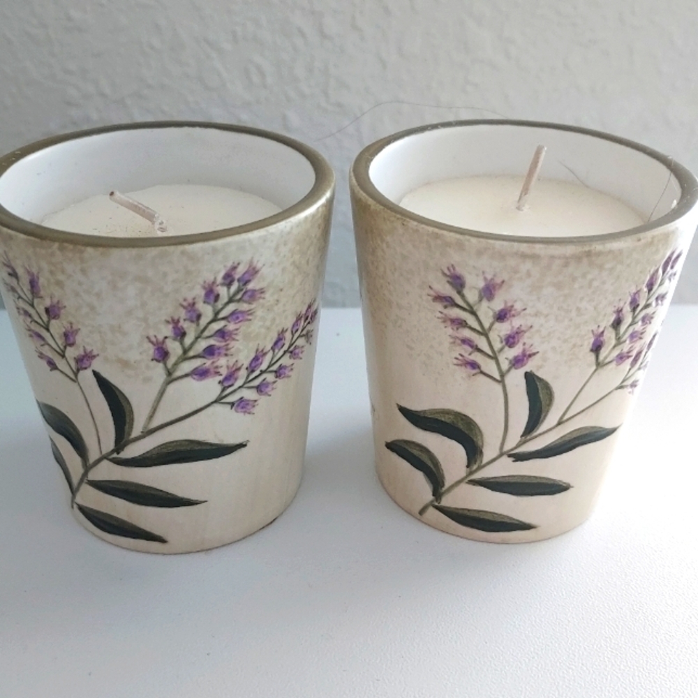 Yankee Candle Votive Holder V/H Lavendar Lavender Purple Green Ceramic Set Of 2